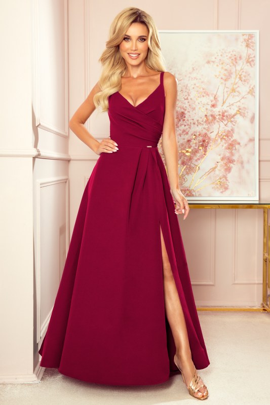CHIARA - Elegantní dámské maxi šaty ve vínové bordó barvě na ramínkách 299-5 - šaty