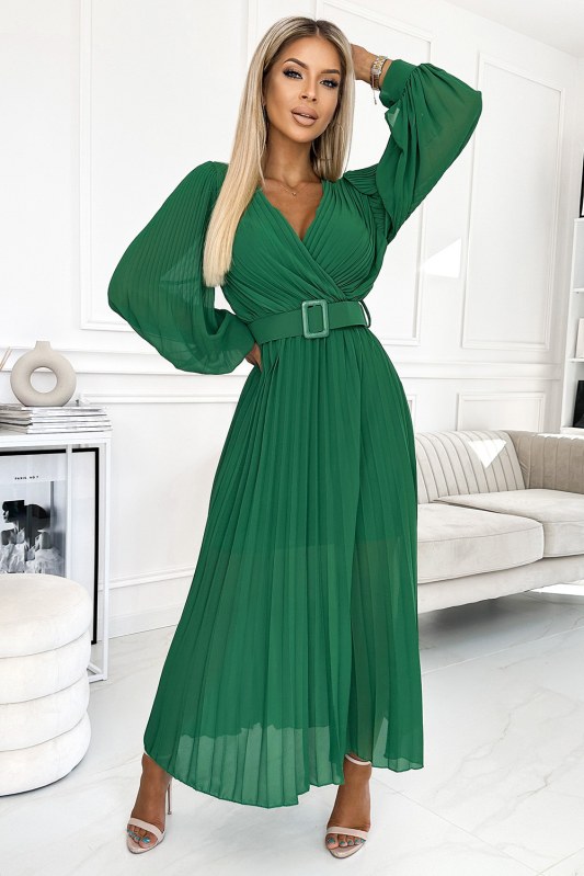 KLARA - Světle zelené dámské plisované šaty s výstřihem a opaskem 414-3 - Dámské oblečení šaty