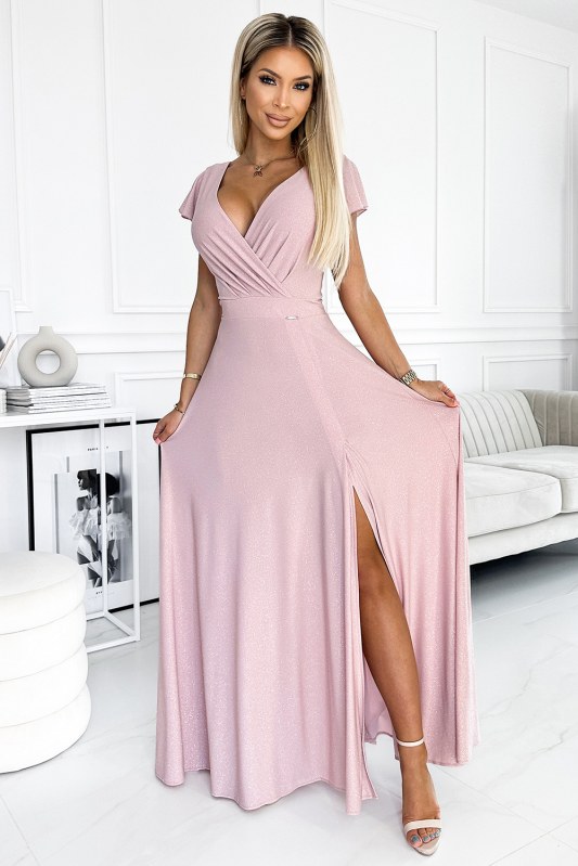 CRYSTAL - Dlouhé lesklé dámské šaty ve špinavě růžové barvě s výstřihem 411-6 - šaty