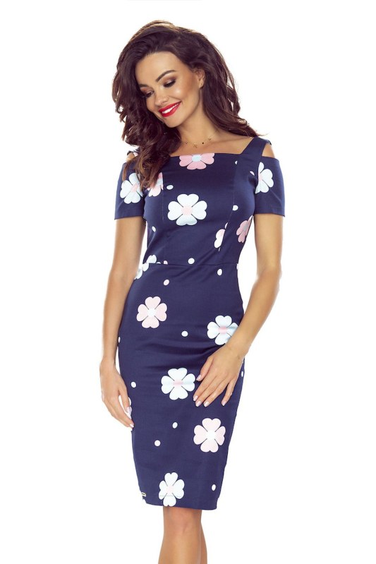 Elegantní tmavě modré květované dámské šaty s krátkými rukávy 440-3 - Dámské oblečení šaty