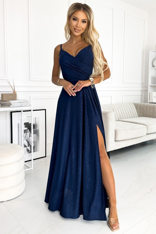 CHIARA - Tmavě modré elegantní dámské maxi šaty na ramínkách s brokátem 299-10 - Dámské oblečení šaty