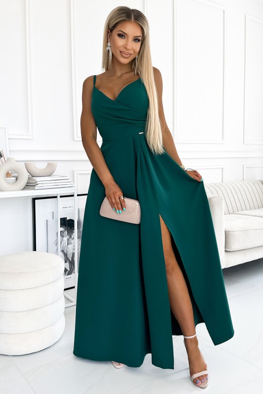 CHIARA - Elegantní zelené dámské dlouhé maxi šaty na ramínkách 299-11 - Dámské oblečení šaty