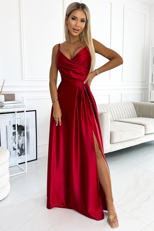 CHIARA - Elegantní červené dlouhé dámské saténové maxi šaty na ramínkách 299-14 - Dámské oblečení šaty