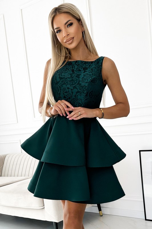 LAURA - Lahvově zelené dvojitě rozšířené dámské šaty s krajkovou vrchní částí 205-4 - Dámské oblečení šaty