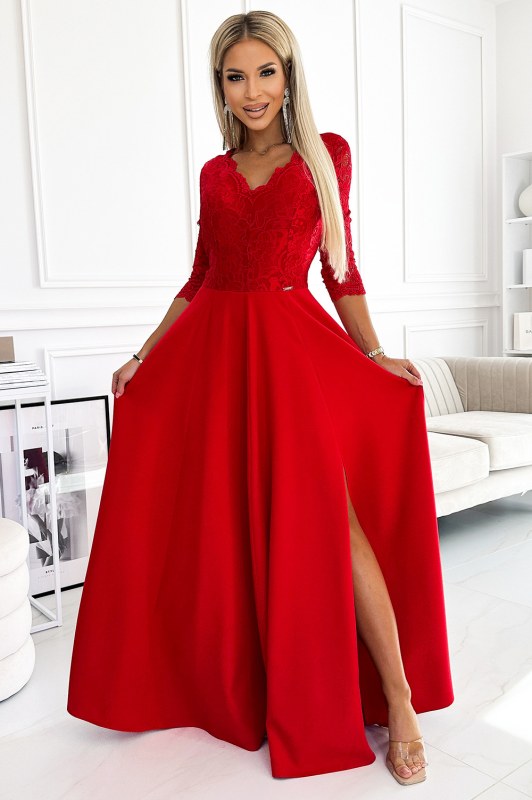 AMBER - Elegantní červené dlouhé dámské krajkové šaty s výstřihem a rozparkem na noze 309-8 - Dámské oblečení šaty