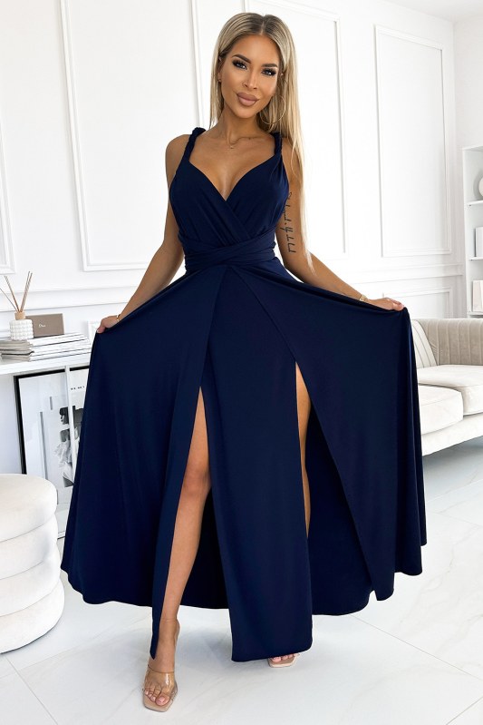 Tmavě modré elegantní dlouhé dámské šaty s různými způsoby vázání 509-1 - Dámské oblečení šaty