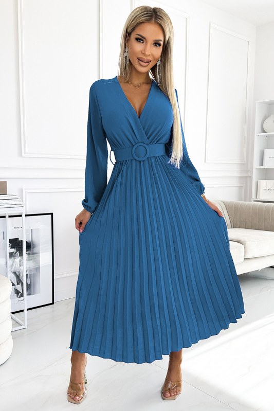 VIVIANA - Dámské plisované midi šaty v džínové barvě s výstřihem, dlouhými rukávy a širokým opaskem 504-5 - Dámské oblečení šaty