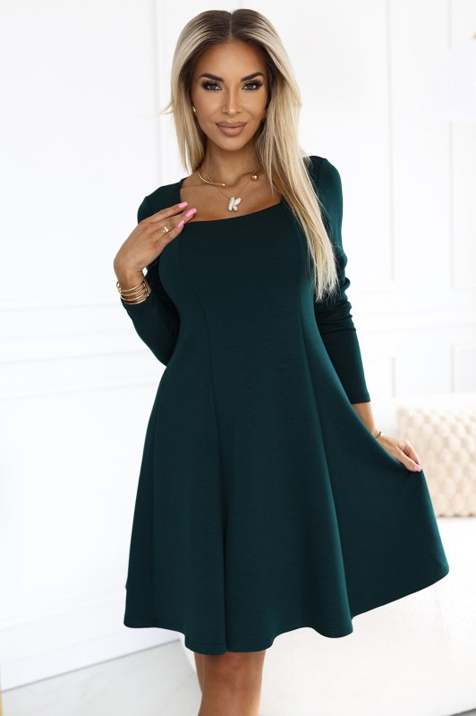 574-1 IVANA pohodlné trapézové šaty s výstřihem a dlouhými rukávy - BOTTLE GREEN - Dámské oblečení šaty