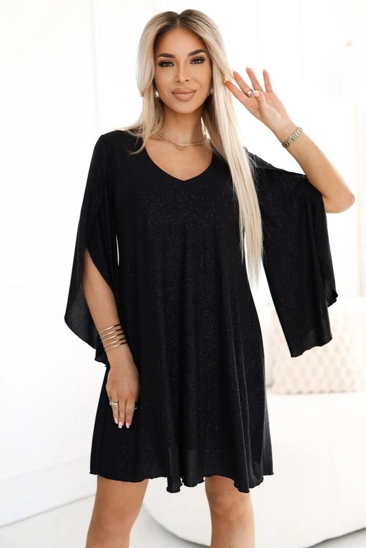 597-1 LIVIA Elegantní trapézové šaty s&nbsp;motýlími rukávy - černé s&nbsp;brokátem - Dámské oblečení šaty