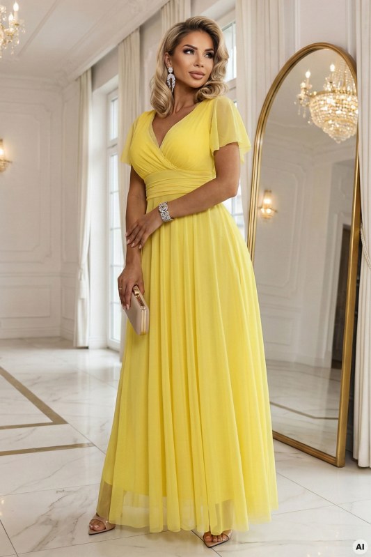 562-8 NASTIA Dlouhé šaty s&nbsp;výstřihem, kosticemi a&nbsp;krátkými rukávy - lemon limoncello - Dámské oblečení šaty