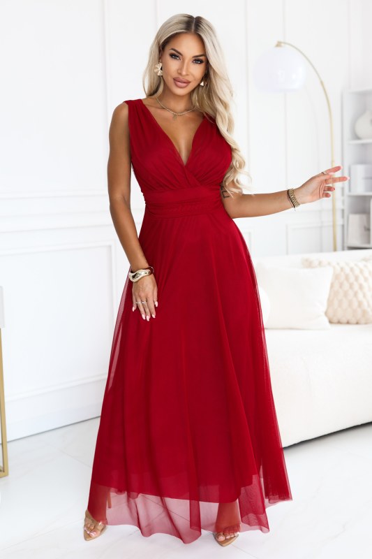 687-2 Elegantní maxi šaty s&nbsp;výstřihem do V a&nbsp;odhalenými zády – světle vínová - Dámské oblečení šaty