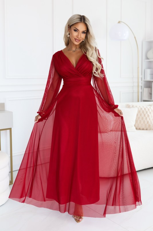 684-1 NERISSA – elegantní tylová maxi šaty s&nbsp;výstřihem do V – světle vínová - Dámské oblečení šaty