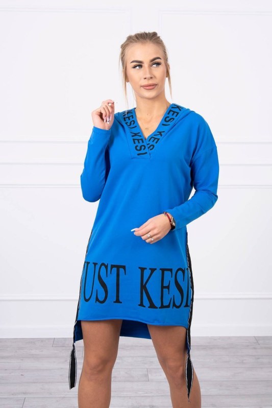 Chrpově modré šaty s kapucí a potiskem - Dámské oblečení šaty