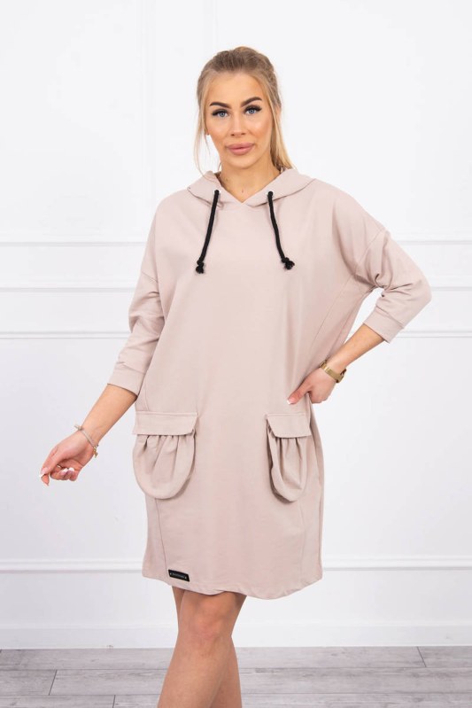 Béžové šaty s kapucí - Dámské oblečení šaty
