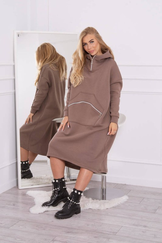 Zateplené šaty s&nbsp;kapucí mocca - Dámské oblečení šaty