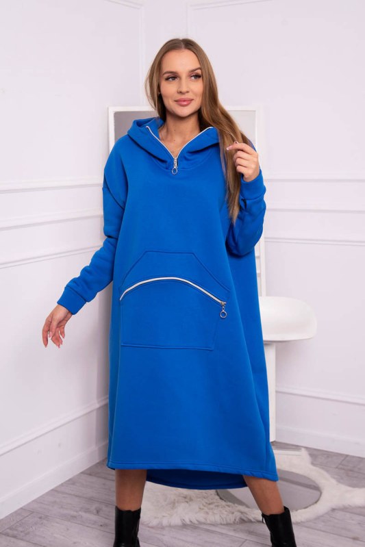 Zateplené šaty s kapucí chrpově modré - Dámské oblečení šaty