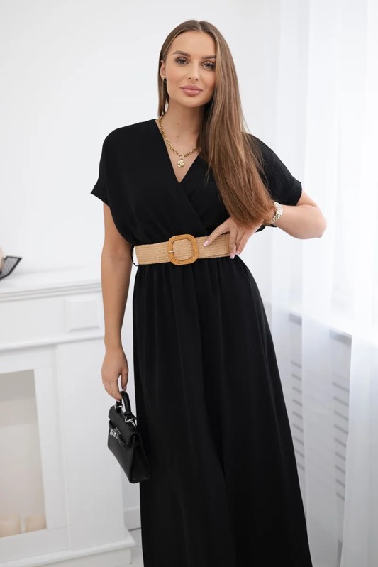 Dlouhé šaty s ozdobným páskem černé - Dámské oblečení šaty