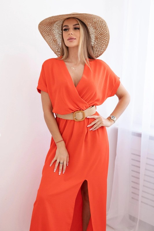 Dlouhé šaty s ozdobným páskem tmavě oranžová - Dámské oblečení šaty