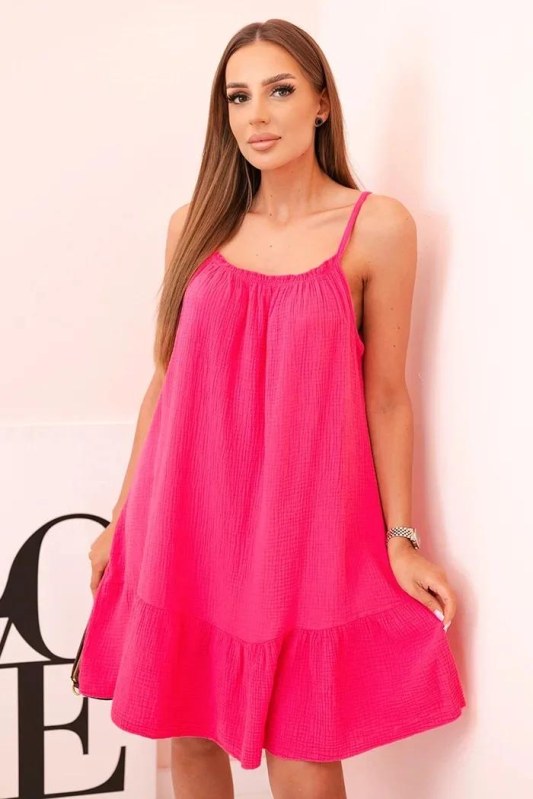 Dámské mušelínové šaty s ramínky a volánem růžový pink