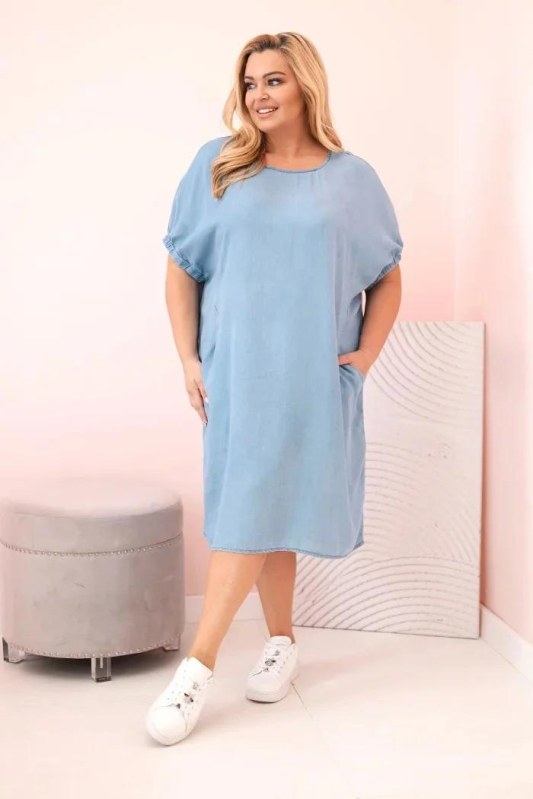 Dámské šaty Plus Size z lyocellu s řasením a kapsami světle džínové