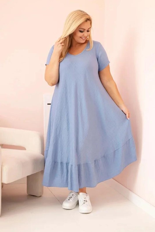 Dámské šaty plus size s krátkým rukávem a volánem z lehké viskózy džínová