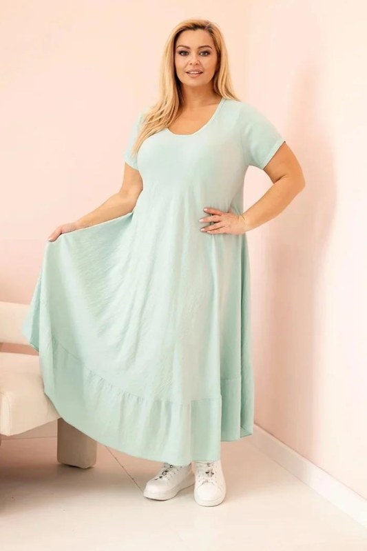 Dámské šaty plus size s&nbsp;krátkým rukávem a&nbsp;volánem z&nbsp;lehké viskózy mátová - Dámské oblečení šaty