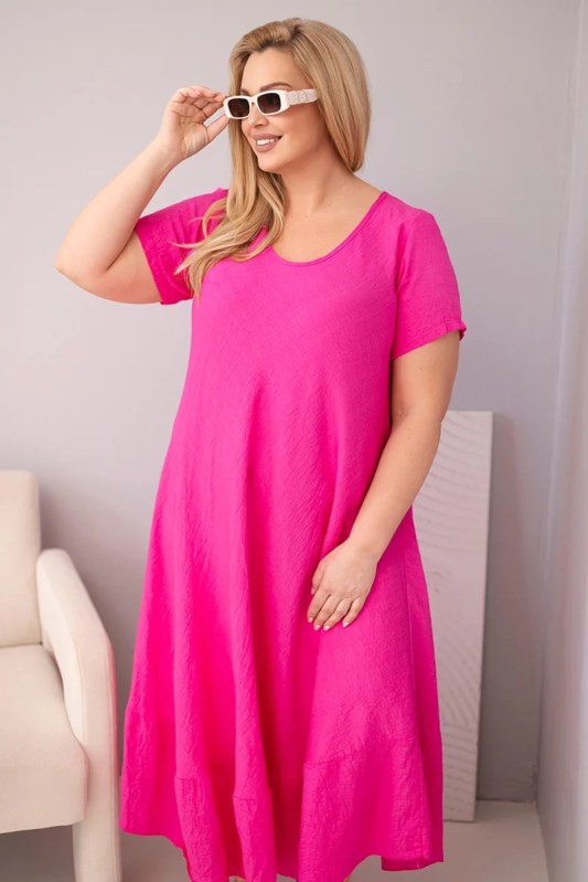 Dámské šaty plus size s krátkým rukávem a volánem z lehké viskózy fuchsiová