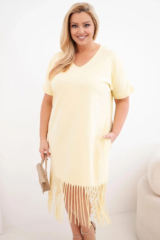 Dámské bavlněné šaty s výstřihem do V a třásněmi Plus Size žlutá