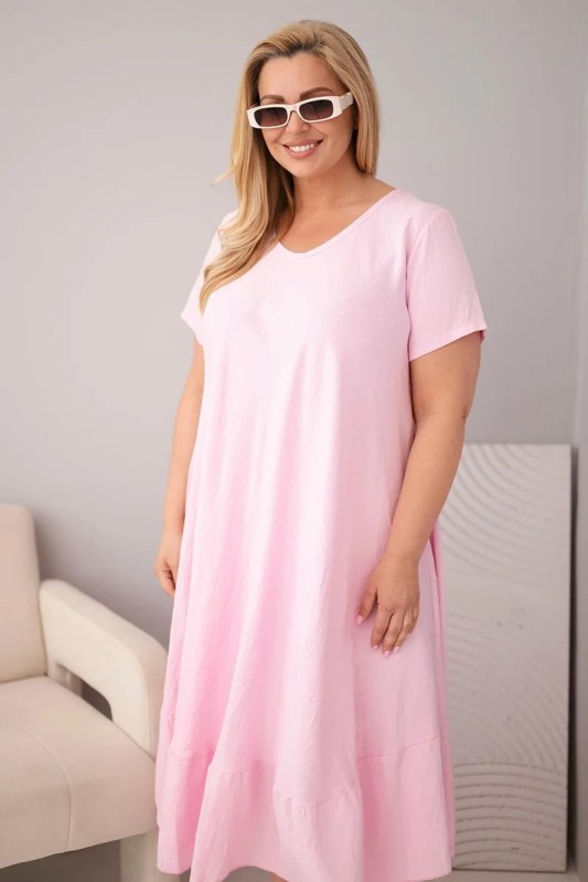 Dámské šaty plus size s krátkým rukávem a volánem z lehké viskózy bonbónová růžová