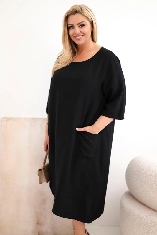 Dámské šaty Plus Size viskózové s kapsami krátký rukáv černá