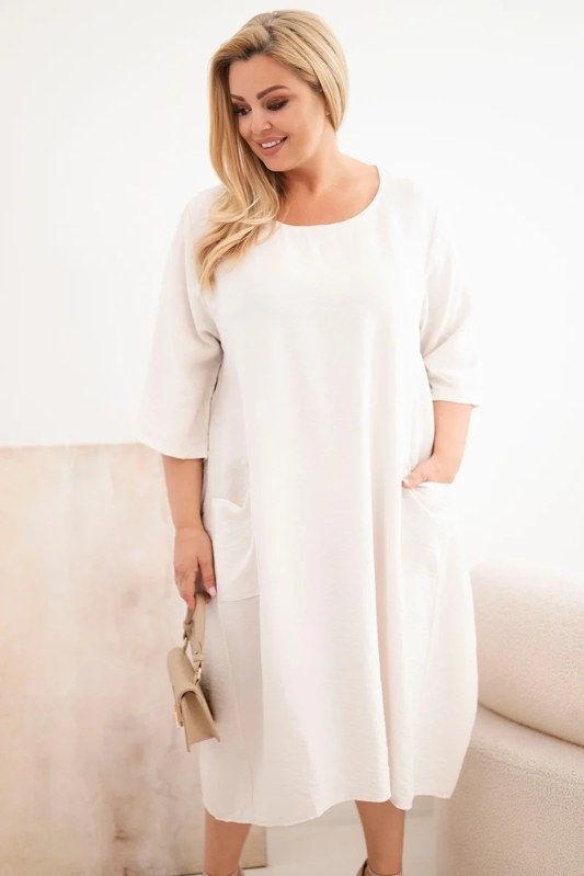 Dámské šaty Plus Size viskózové s kapsami a krátkým rukávem béžová