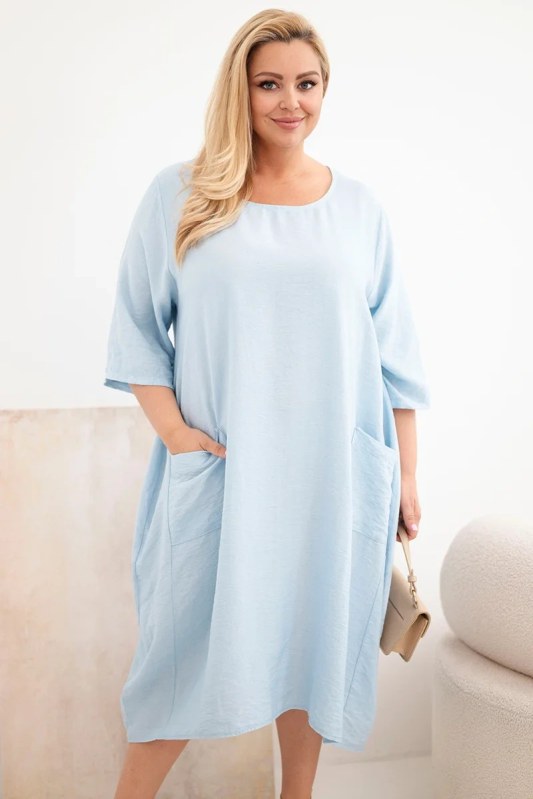 Dámské šaty Plus Size z viskózy s kapsami krátký rukáv modrá