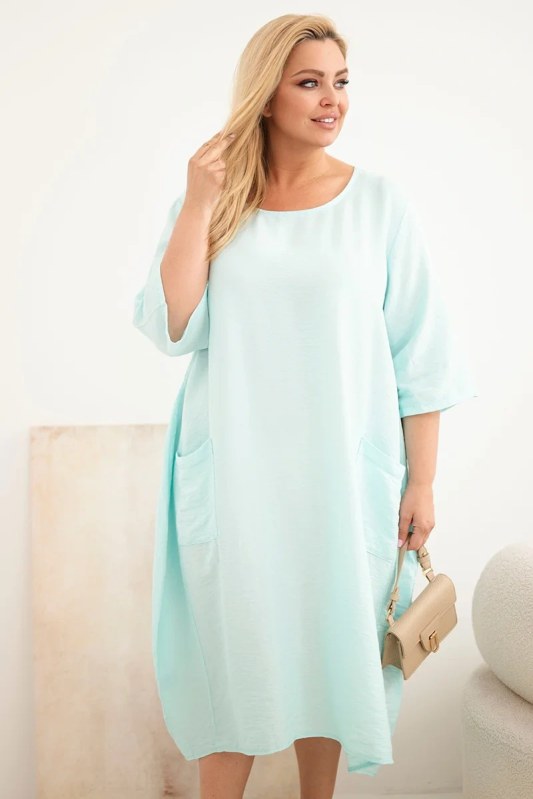 Dámské šaty Plus Size z viskózy s kapsami krátký rukáv mátová