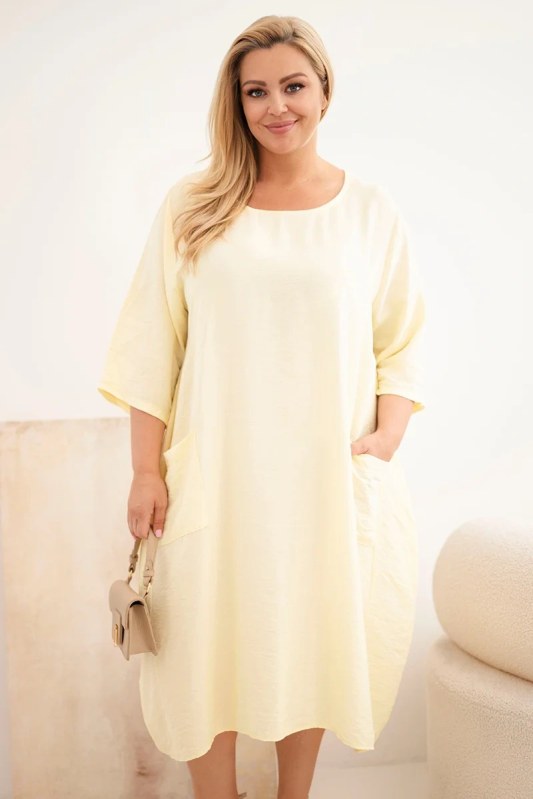 Dámské šaty plus size z viskózy s kapsami s krátkým rukávem žluté