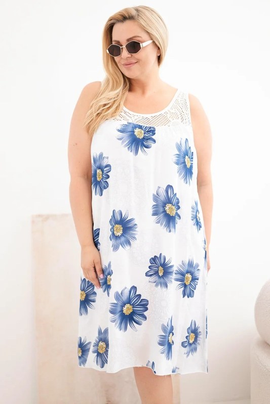 Dámské šaty Plus Size z viskózy s květinovým vzorem a krajkovým výstřihem bílé