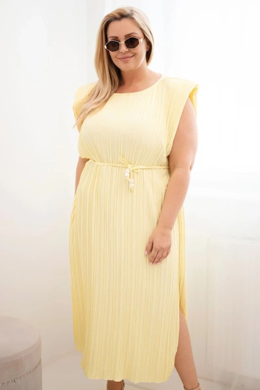 Dámské šaty Plus Size z viskózy, plisované s vázáním žlutá
