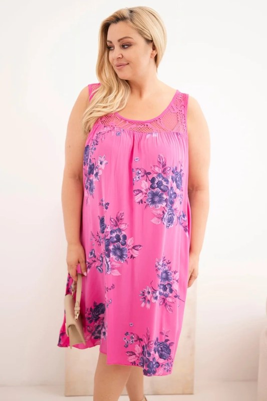 Dámské šaty Plus Size z viskózy s květinovým vzorem a krajkovým vrškem růžová