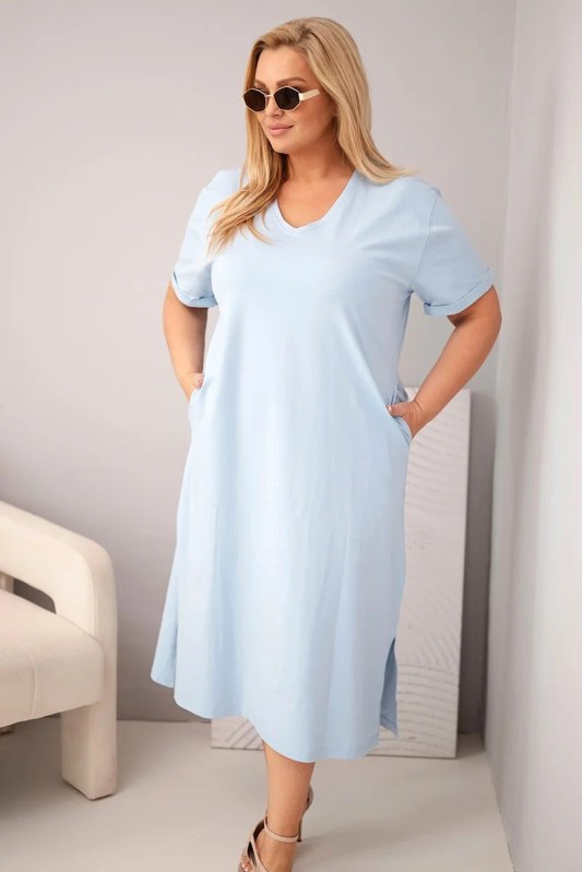 Dámské bavlněné šaty Plus Size s výstřihem do V modrá