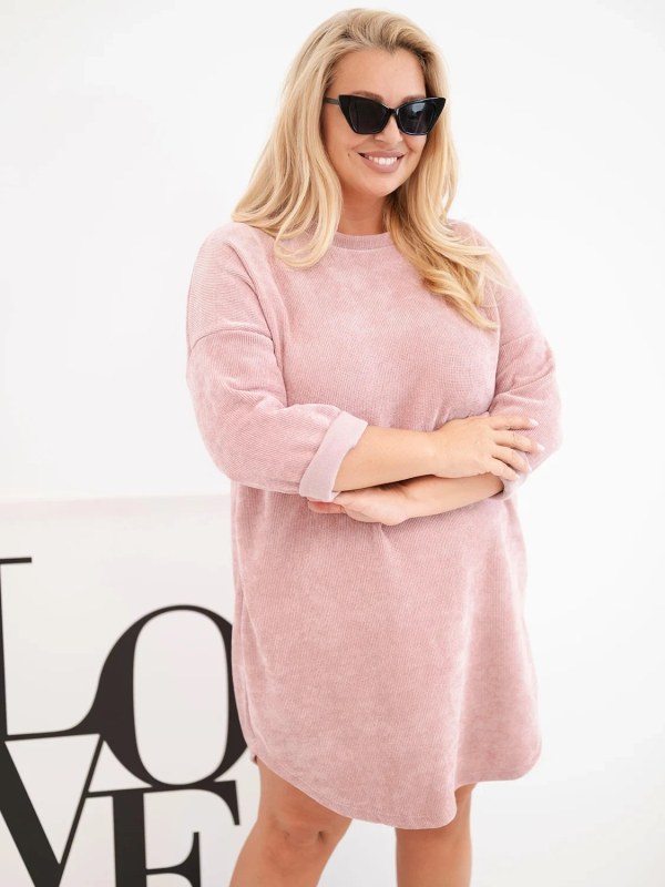 Dámské šaty Plus Size manšestrové s volným střihem tmavý pudrově růžová