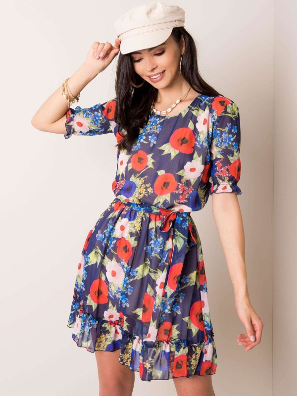 Tmavě modré šaty s květinovým vzorem - Dámské oblečení šaty