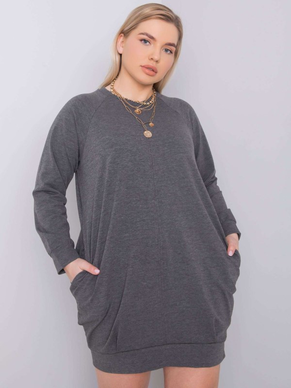 Tmavě šedé melanžové šaty plus velikosti s dlouhými rukávy - Dámské oblečení šaty