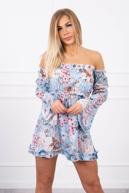 Květinové šaty na ramenou azurové barvy - Dámské oblečení šaty
