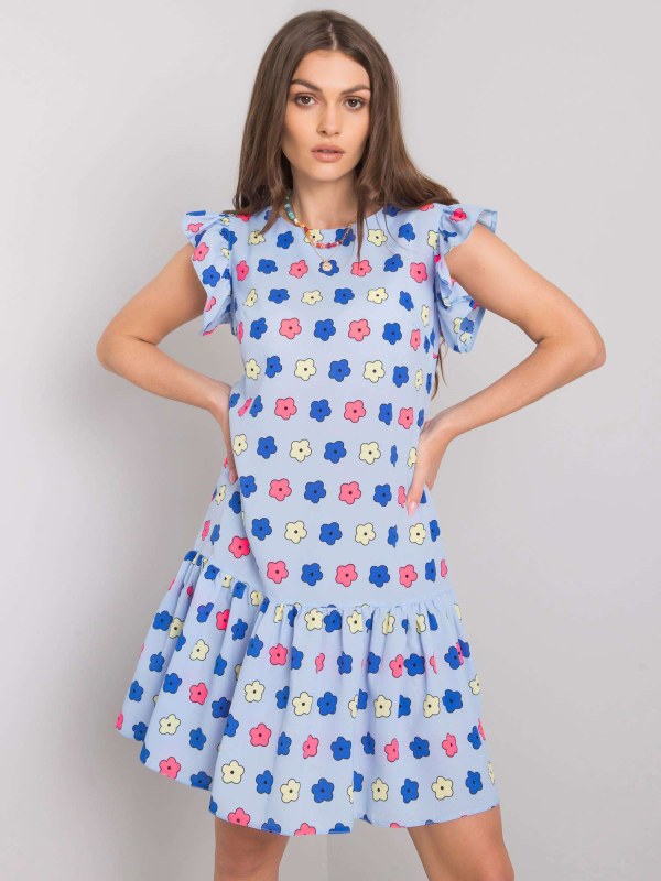 Dámské modré květinové šaty s volánkem - Dámské oblečení šaty