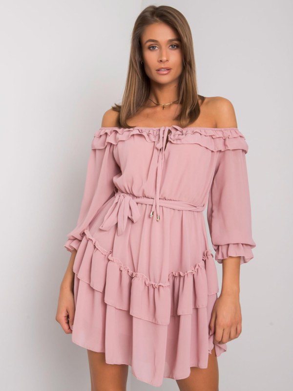 OCH BELLA Růžové španělské šaty s volány - Dámské oblečení šaty