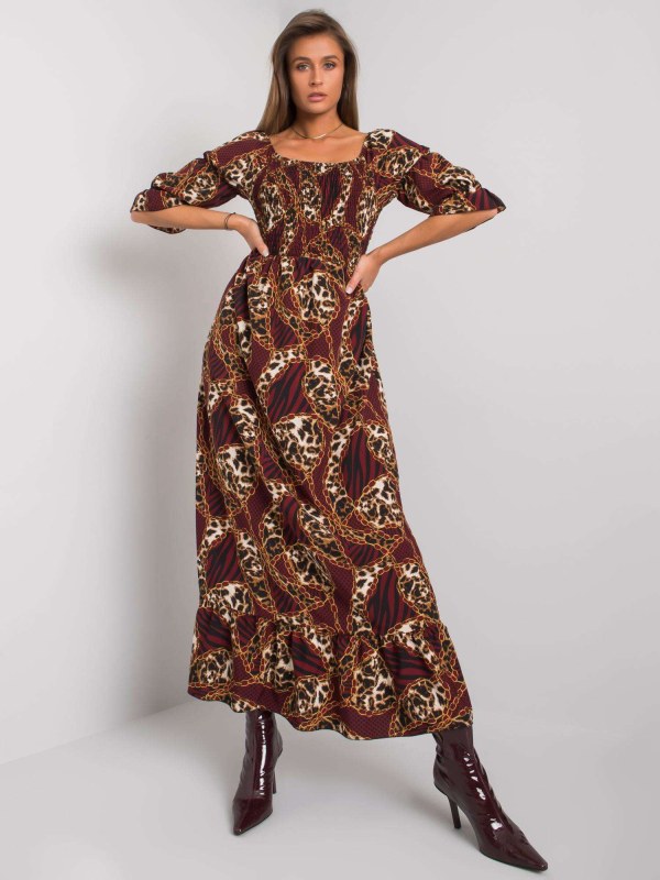 Kaštanové dlouhé šaty se vzory - Dámské oblečení šaty