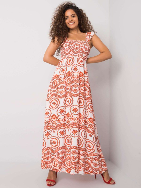 Dlouhé, bílé a oranžové vzorované šaty - Dámské oblečení šaty