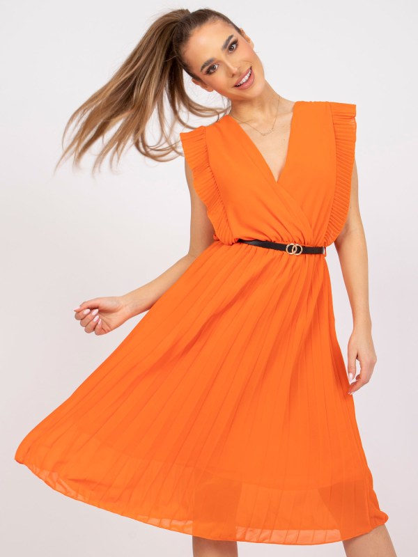 Oranžové midi šaty s psaníčkovým Marine výstřihem - šaty