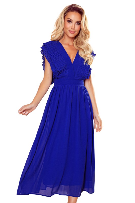 Šaty s řasením a výstřihem Numoco YANA - modré - Dámské oblečení šaty