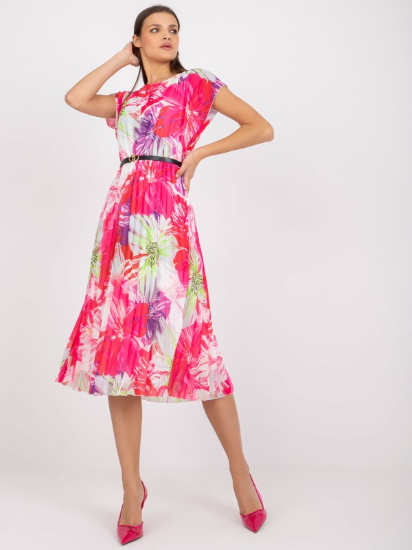 Bílé a růžové vzdušné šaty s potisky v midi délce - Dámské oblečení šaty