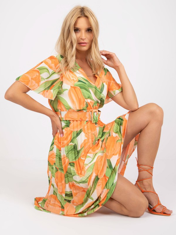 Květinové plisované šaty jedné velikosti v oranžové a zelené barvě - Dámské oblečení šaty